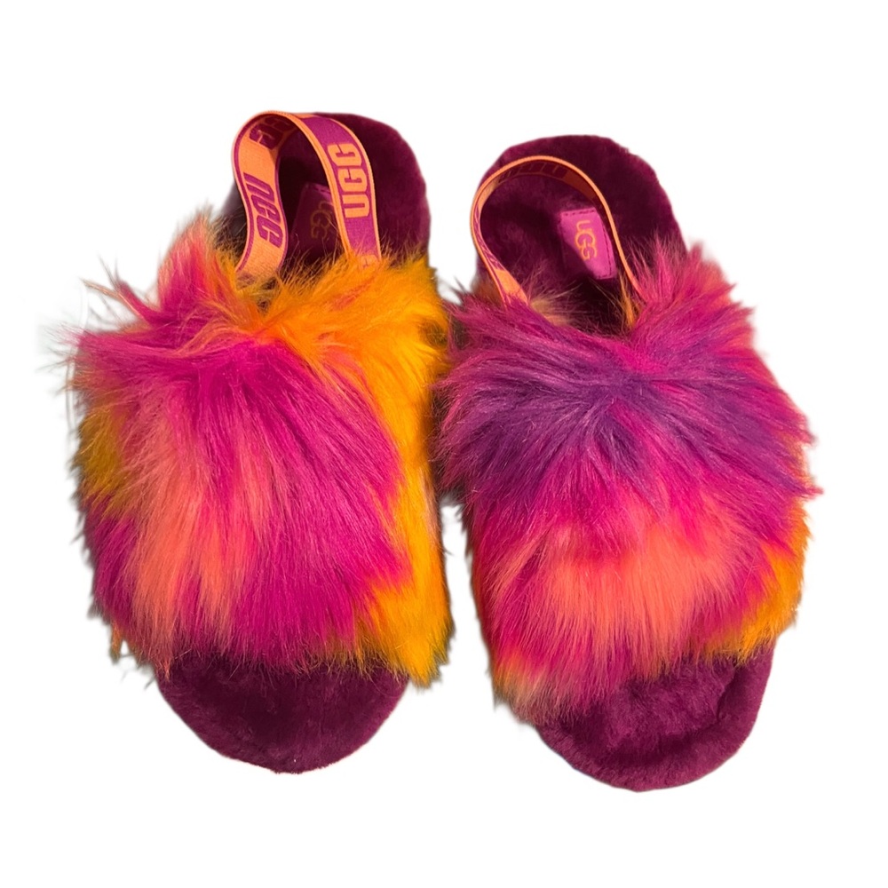 UGG Fluff Yeah Slide slippers in a pink, orange, and purple